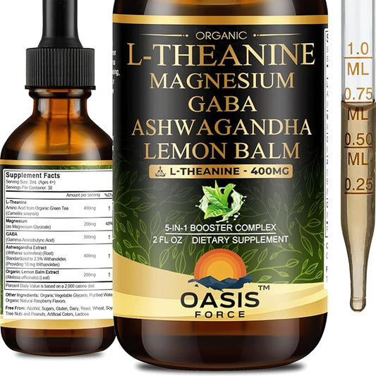Oasisforce L Theanine 400mg Liquid Drops, L-Theanine Supplement for Adults & Kids with GABA, Magnesium & Ashwagandha, Natural Sleep, Focus & Relaxation Support, Vegan, Alcohol-Free, Non-GMO, 2 FL OZ