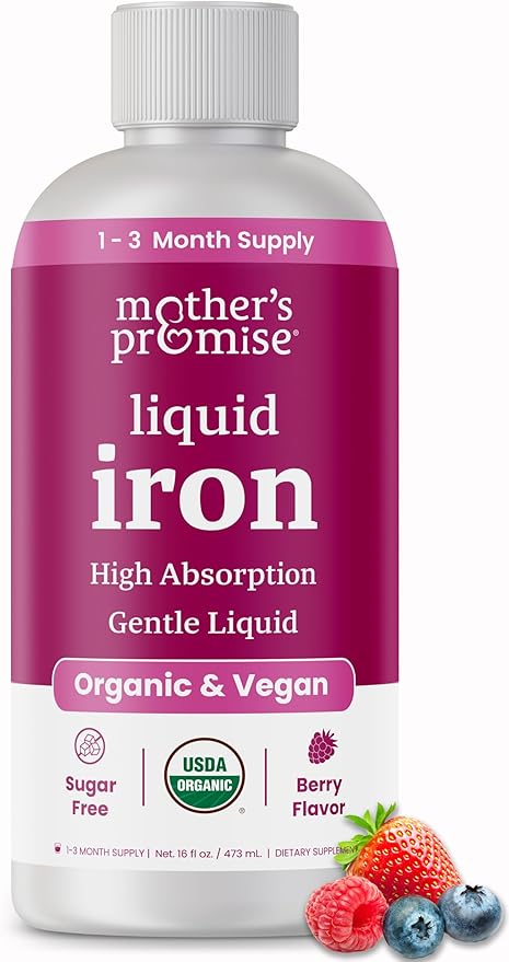 Organic Liquid Iron Supplement for Women, Men & Kids | Gentle Vegan Iron Supplements for Energy, Healthy Blood & Prenatal | Non Constipating, Sugar-Free Natural Berry Flavor, Ferrochel® & Vitamin C