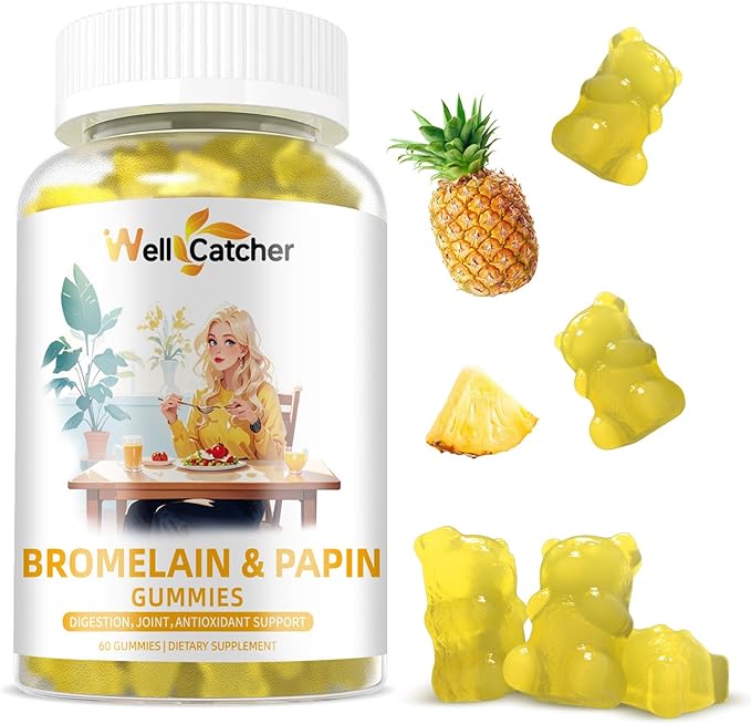 Bromelain Papain Enzyme Gummies Supplement: Bromelain 500MG with Querectin Gummies for Adults Kids, Organic Bromelain Papaya Enzymes Chewable for Digestive Support Immunity Antioxidant Vegan 60CT