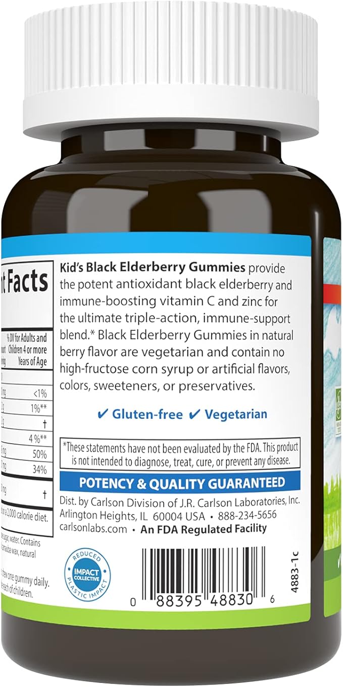Carlson - Kid's Black Elderberry Gummies. with Vitamin C & Zinc, Immune Support, 60 Gummies