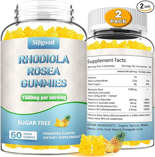2 Pack Sugar-Free Rhodiola Rosea Gummies, Adaptogenic Rhodiola Rosea Supplement & Cortisol Blocker for Enhanced Stamina, Mood Elevation, and Motivation Boost, Non-GMO, Vegan, 120 Count
