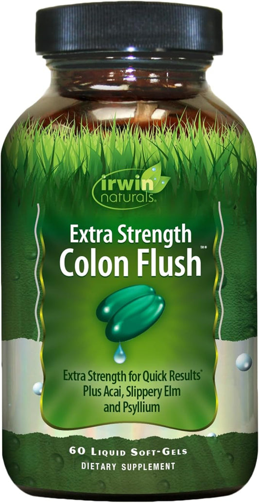 Irwin Naturals Extra Strength Colon Flush Quick & Powerful Digestive + Constipation Support Supplement with Psyllium, Acai, Triphala + Soothing Botanicals - 60 Liquid Softgels