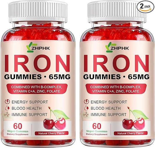 Iron Gummies Supplement for Women, Men & Kids, Iron 65mg with 250mg Vitamin C B6 B12 Folate Healthy Blood, Energy & Immune Support Gentle on Stomach Ferrous Fumarate, 120 Count