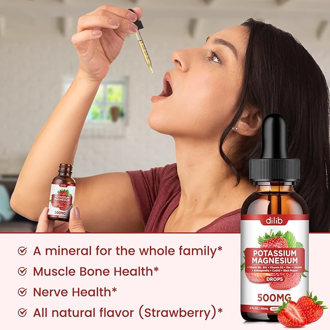 Potassium Magnesium Citrate Supplement, Liquid Magnesium Citrate Drops 500mg with Ashwagandha, Calcium, Zinc, Vitamin D3, B6, B12, CoQ10 - Support Calm & Bone & Muscle & Immune Health Vegan 2 fl oz