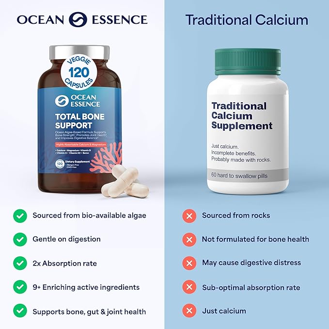 OCEAN ESSENCE Total Bone Support - Plant-Based Algae Calcium Supplement for Supporting Bone Density & Strength - for Men & Women 35+ - 120 Natural Calcium Capsules - Vitamins for Optimal Health