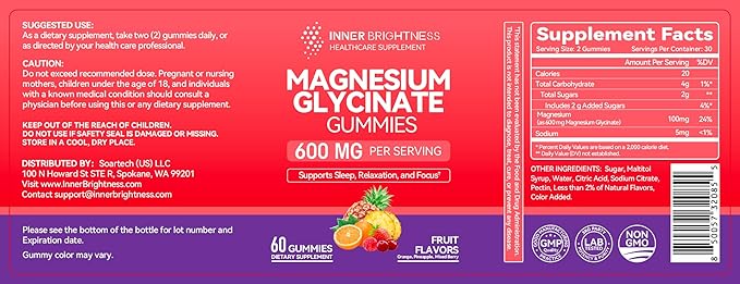 Magnesium Glycinate Gummies 600mg, Non-GMO, Gluten-Free, Magnesium Gummies for Adults & Kids, Sleep, Relaxation & Focus, 3 in 1 Flavor, 60 Count