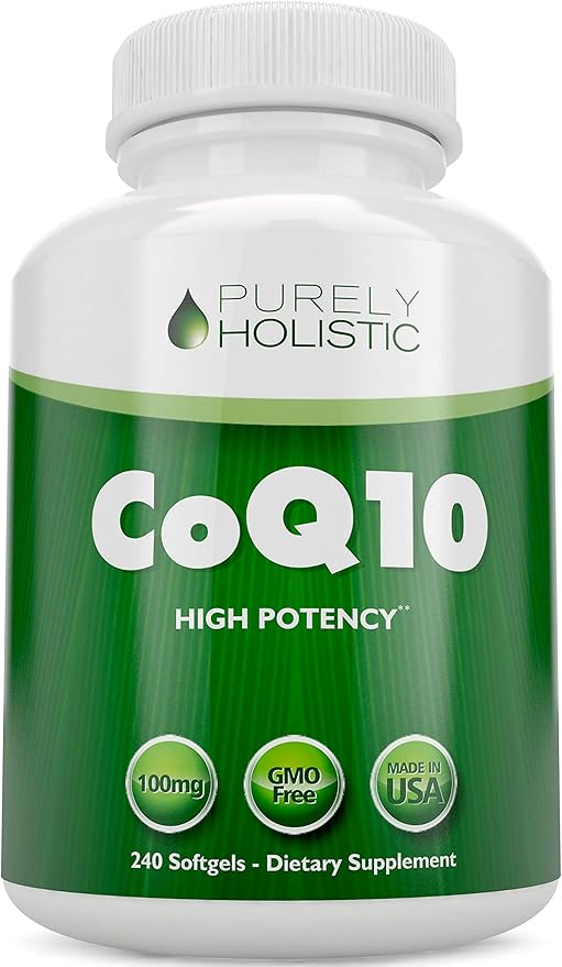 Purely Holistic CoQ10 100mg - 240 SoftGels - 8 Month Supply - Ubiquinone Coenzyme Q10 Supplement - with Organic Olive Oil - Soy Free Co Q 10 - Made in The USA
