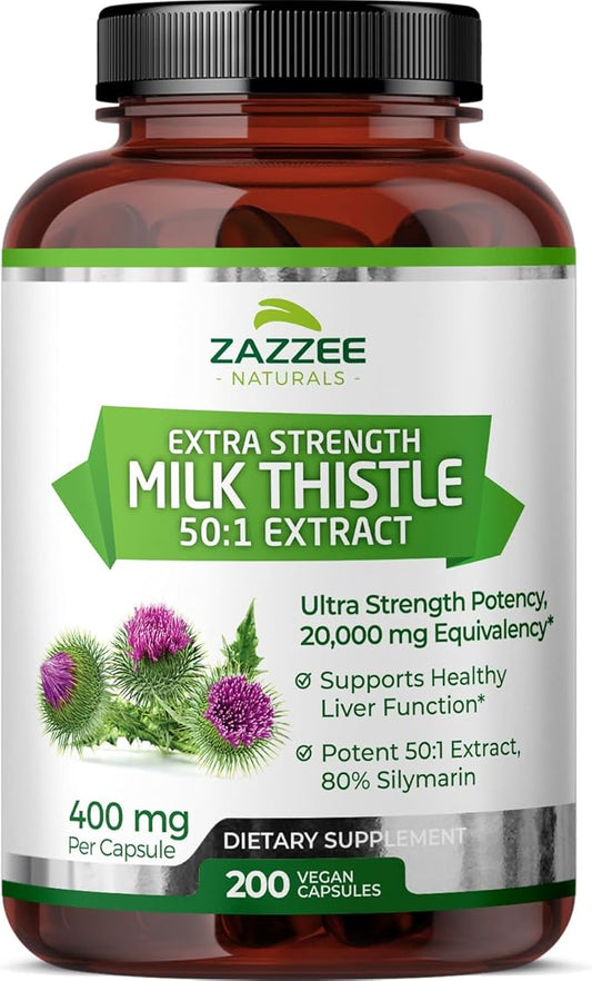 Zazzee Organic Milk Thistle 50:1 Extract, 20,000 mg Strength, 200 Vegan Capsules, 80% Silymarin Flavonoids, Over 6 Month Supply, Standardized and Concentrated 50X Extract, All-Natural and Non-GMO