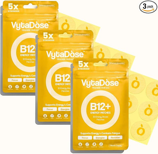 B12+ Energy Patches | Complete B-Vitamins, Caffeine, Guarana & Natural Energy Blend | Bioactive B Vitamins for Mood, Energy, Methylation & Cognition | 5X Stronger Formula (3 Pack)
