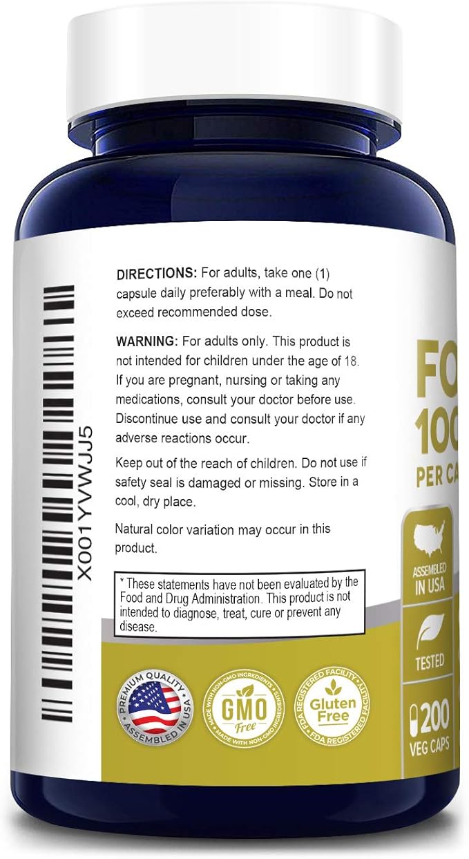 NusaPure Folic Acid 1000mcg 200 Veggie Caps (Non-GMO, Vegetarian, Gluten Free)