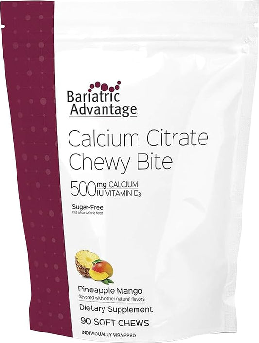 Bariatric Advantage Calcium Citrate Chewy Bites 500 mg - for Bariatric Surgery Patients - Vitamin D3 - Sugar-Free Chewable Calcium Supplement - Bariatric Calcium Chews - Pineapple Mango - 90 Count