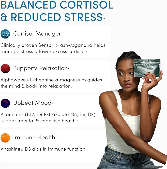 CHILL Stress Relief Supplement – Cortisol Supplements for Women & Men - Relaxation & Calm – Magnesium, Ashwagandha, L-Theanine, B Complex – 60 Capsules