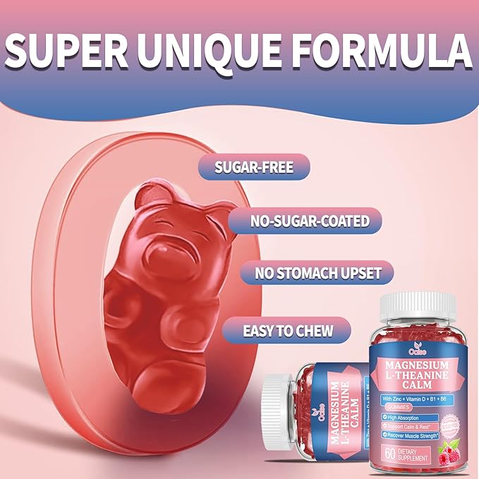 Magnesium Gummies with 2000mg Magnesium, Plus L-Theanine, Zinc, Vitamin D, B1,B6 for Adults and Kids, Stress & Muscle Relief, Sugar Free，Raspberry (60 Counts)