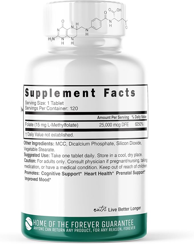 Nature's Fusions Nutri 5-MTHF L Methylfolate 15MG - 4 Month Supply, 120 Vegan Tablets - Methylated Folate Supplement - Cognitive Function, Heart Health, Prenatal Support - Methylated Folic Acid