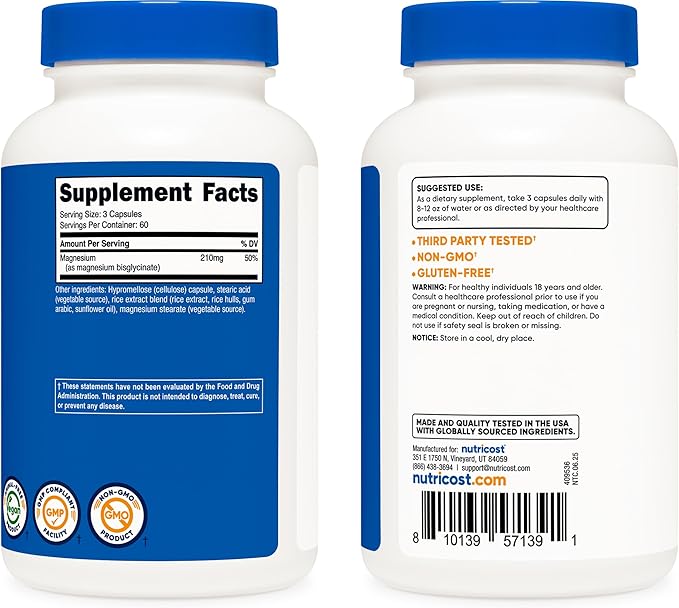 Nutricost Magnesium Glycinate Capsules (180 Capsules, 210 mg Per Serving) - Magnesium Glycinate Supplement for Gentle Absorption