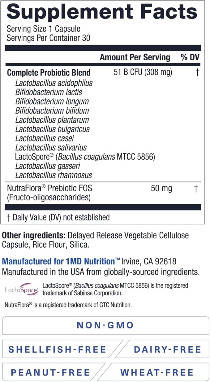 1MD Nutrition Complete Probiotics Platinum - w/Prebiotics and Probiotics for Digestive Health - Probiotic Supplement for Women & Men - More Than 50 Billion Live CFU 11 Strains Dairy-Free - 30 Caps