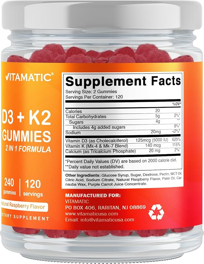 Vitamatic Vitamin D3 K2 with Calcium Gummies - 240 Count - Non-GMO, Gluten Free