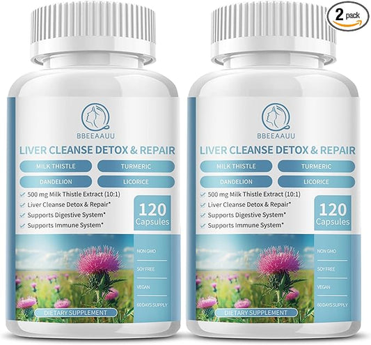 Milk Thistle Supplement Capsules, Liver Health Formula, with Dandelion Root, 10:1 Extract, for Liver Detox Cleanse Support, Digestive & Immune System (120 Count (Pack of 2))