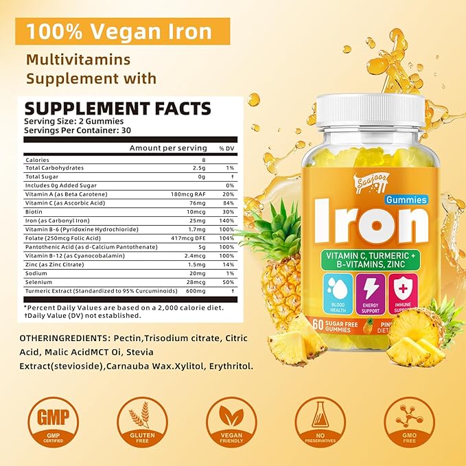 2 Pack Iron Gummies with Multivitamin for Adults & Kids – Packed with Vitamin B6, B12, C, Zinc, and Folate – for Blood Health & Energy Boost – Pineapple Flavor, Vegan-Friendly, 120 Gummies