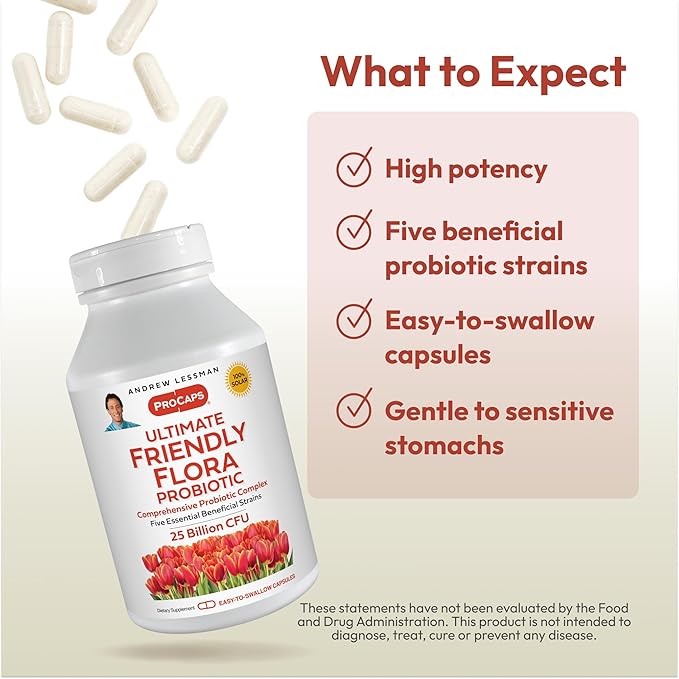 ANDREW LESSMAN Ultimate Friendly Flora Probiotic 60 Capsules - 25 Billion CFU, Comprehensive Blend of Five Probiotic Strains, Powerful Immune and Digestive Support. Probiotics for Women or Men