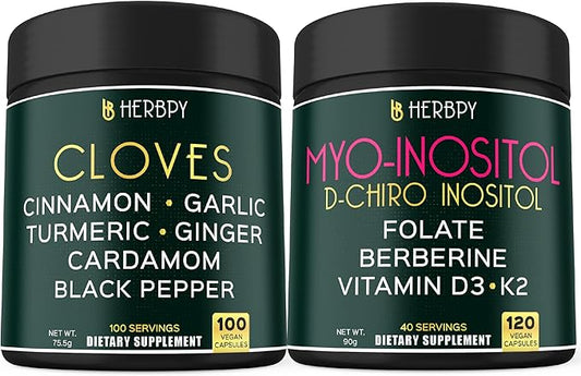 Bundle 7in1 Cloves Supplement 100 Count & 6in1 Myo-inositol & D-Chiro Inositol Supplement for Women 120 Count - Support Immune, Digestion, Heart & Overall Health