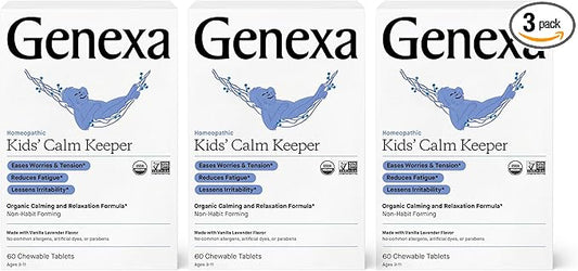 Genexa Kid's Calm Keeper Stress Relief for Kids | Reduces Fatigue & Eases Tension | Soothing Natural Vanilla & Lavender Flavor | Certified Vegan, Gluten Free, & Non-GMO | 180 Chewable Tablets (3 Pack)