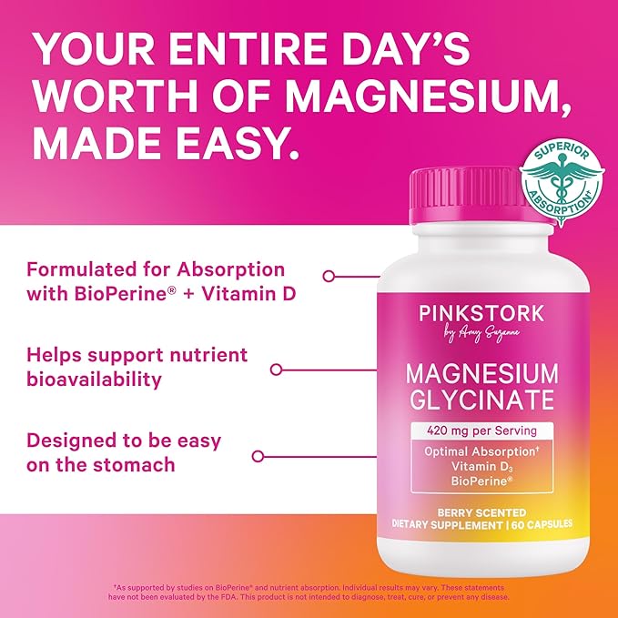 Pink Stork Magnesium Glycinate with Vitamin D - Magnesium Supplement for Women to Support Natural Calm, Mood, and Sleep - Hormone Balance for Women - 60 Capsules, Berry Essence, 1 Month Supply