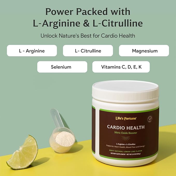 Life's Fortune L Arginine L Citrulline Supplement Powder - High Potency Nitric Oxide Supplement Booster with Natural Lemon Lime Flavor - Cardio Health, Blood Pressure and Vascular Support - 258g