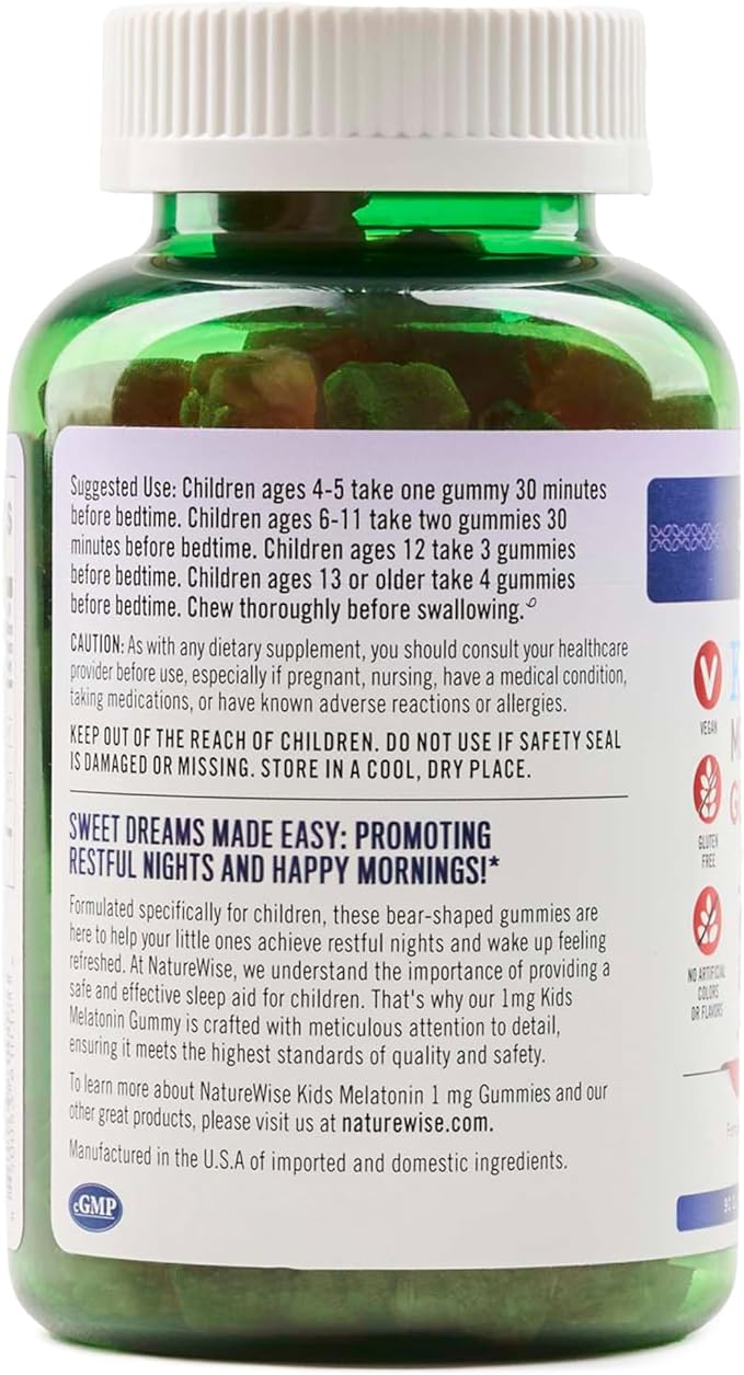 Naturewise Kids Melatonin Gummies 1 mg - Drug-Free, Non-Habit Forming Sleep Aid for Children Ages 4 & Up - Strawberry Flavored Gummy Bears - Vegan, Gluten Free, Non-GMO - 90 Count[3-Month Supply]