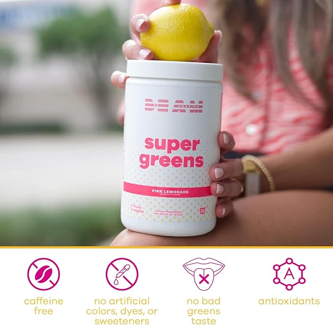 Be Amazing be Amazing Super Greens Powder with Prebiotics, Digestive Enzymes & Antioxidants | 18 Fruits & 8 Veggies | Gluten-Free Juice & Smoothie Mix | Pink Lemonade, 30 Servings, 342 g