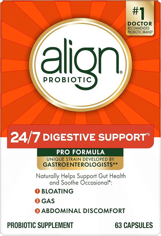 Align Probiotic, Pro Formula, Probiotics for Women and Men, Daily Probiotic Supplement, Helps Soothe Occasional Bloating & Gas*, #1 Doctor Recommended Brand‡, 63 Capsules (Packaging May Vary)