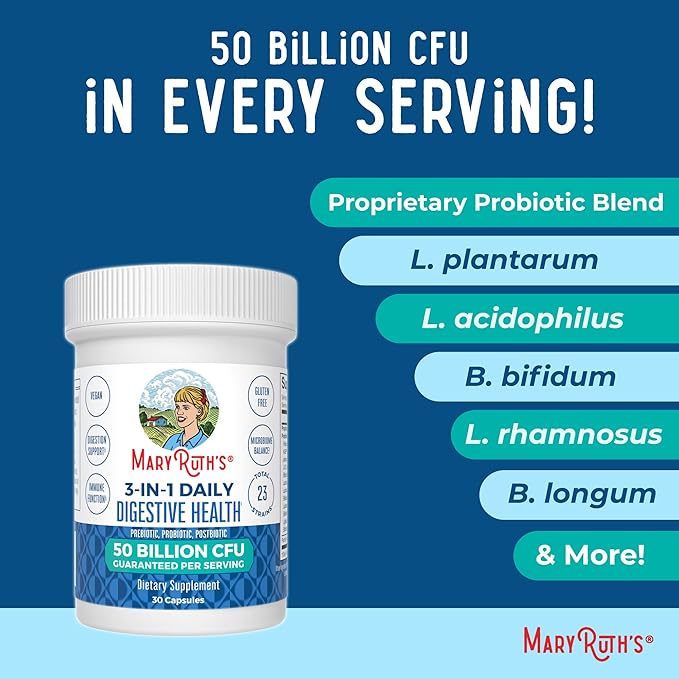 MaryRuth Organics 3 in 1 Probiotics for Digestive Health | Prebiotic & Postbiotic | Gut Health Supplement for Women & Men | Powder Probiotics for Women | Immune Support | 50 Billion CFU | 0.5 oz