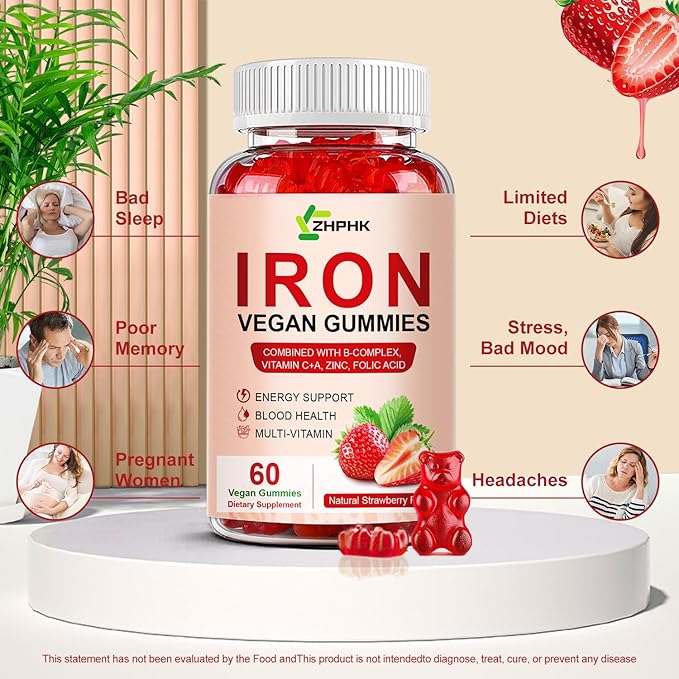 Iron Supplement Gummies for Women, Men & Kids, 65mg Iron & 250mg Vitamin C per Serving - Healthy Blood, Energy & Immune Support Iron Vitamin Gummy with Folate, 2 Pack