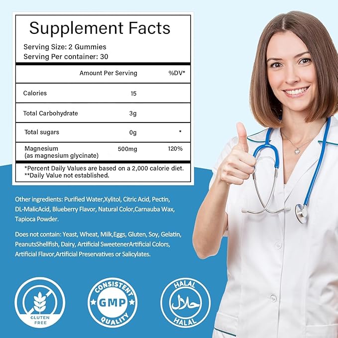 Magnesium Glycinate Gummies 500mg, Sugar-Free for Adults & Kids, Magnesium Gummies for Sleep, Stress & Muscle Relief, Supports Bone & Nerve Health, Vegan, Pectin-Based, 60 Count, Blueberry Flavor