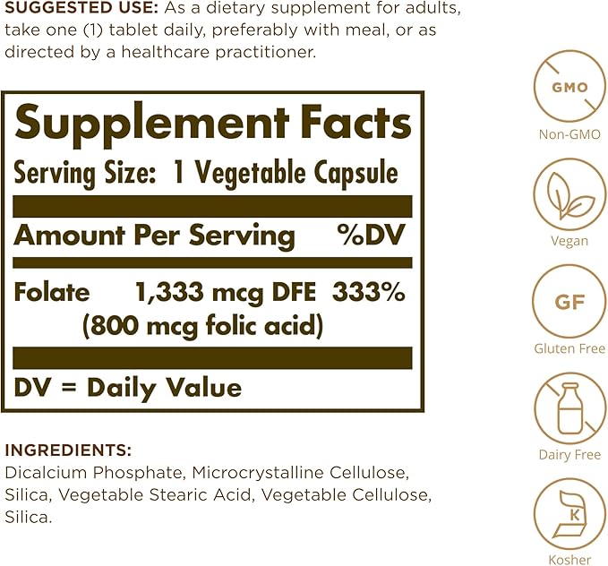 SOLGAR Folate 1,333 mcg DFE (Folic Acid 800 mcg) - 250 Tablets, Pack of 2 - Prenatal Support - Non-GMO, Vegan, Gluten Free, Dairy Free, Kosher, Halal - 500 Total Servings