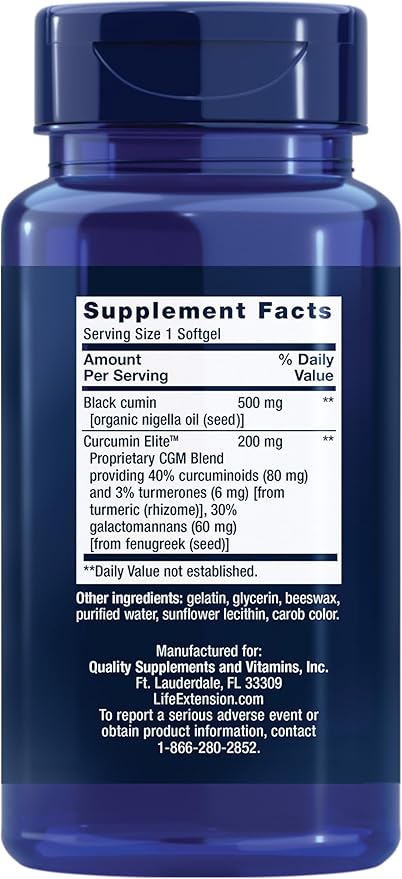 Life Extension Black Cumin Seed Oil and Curcumin Elite, Black Cumin, Turmeric Extract, Immune Health Support, high bioavailability, Whole-Body Health, Gluten Free, Non-GMO, 60 softgels