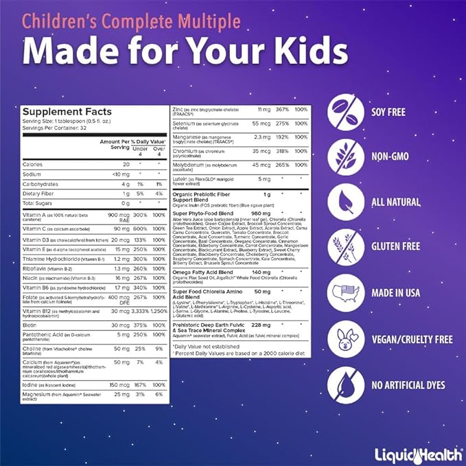 LIQUIDHEALTH Children's Complete Liquid Multivitamin for Kids, Toddlers - Essential Vitamins, Nutrients & Minerals, Immune Support, Gut Health - Great Taste, Vegan, Non GMO, Sugar-Free (16 oz)