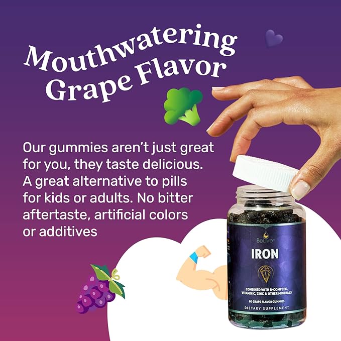 BeLive Iron Gummies - Multivitamin Iron Supplement with Vitamin C, A, B & Zinc, Supports Blood Oxygen, Vegan Supplements for Women, Men & Kids for Growth and Development - Grape Flavor | 3-Pack