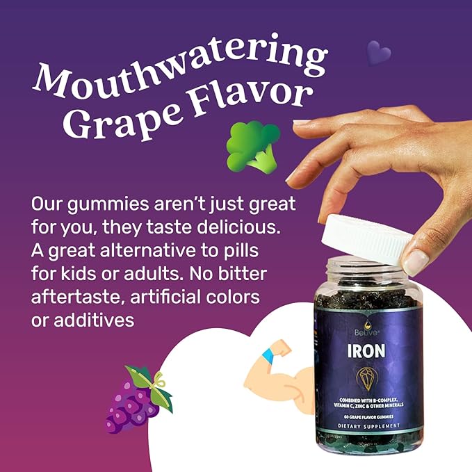 BeLive Iron Gummies - Multivitamin Supplement with Vitamin C, A, B & Zinc, Supports Blood Oxygen, Vegan Iron Supplements for Women, Men & Kids for Growth and Development - Grape Flavor | 1-Pack