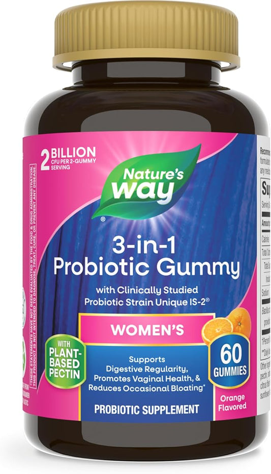 Nature's Way 3-in-1 Women’s Probiotic Gummies, Reduces Occasional Bloating*, Supports Digestive & Vaginal Health*, Clinically Studied Probiotic Strain, Gluten Free, Orange Flavored, 60 Gummies