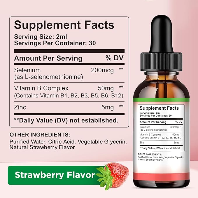 2 Pack Selenium Liquid Drops, 200mcg Liquid Selenium Supplement with Vitamin B Complex & Zinc, Support for Immune System, Antioxidant & Heart Health, High Absorption, Strawberry Flavor