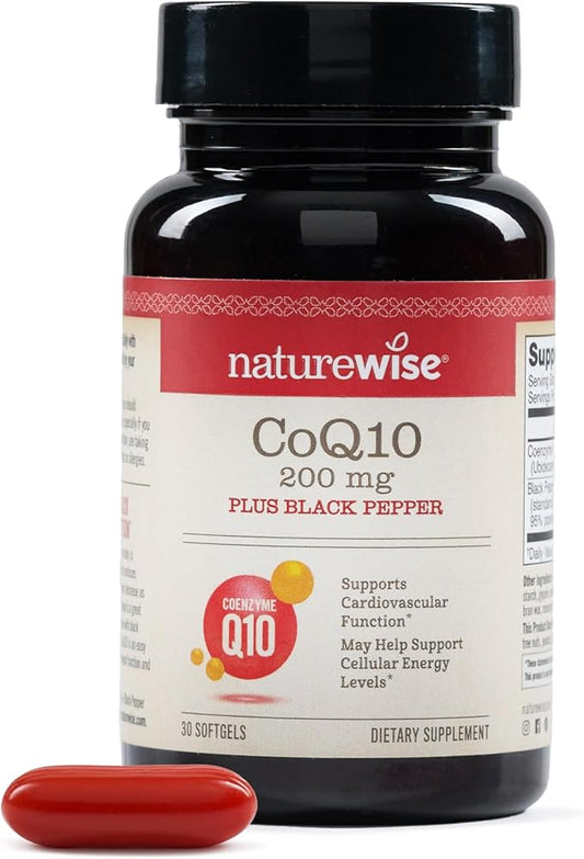 NatureWise CoQ10 200mg Softgels, High Absorption Coenzyme Q10 with BioPerine Black Pepper - Antioxidant for Heart Health + Cellular Energy - Vegan, Non-GMO, Gluten-Free - 30 Count[1-Month Supply]