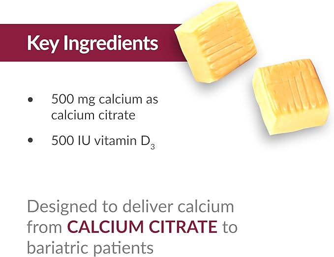 Bariatric Advantage Calcium Citrate Chewy Bites 500 mg - for Bariatric Surgery Patients - Vitamin D3 - Sugar-Free Chewable Calcium Supplement - Bariatric Calcium Chews - Lemon Flavor - 90 Count