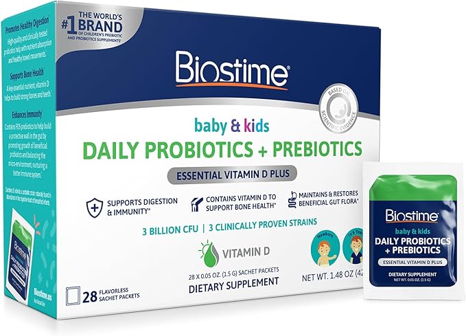 Biostime Infant Baby Toddler Kids Probiotic & Prebiotic with Vitamin D | Baby Probiotic Powder | Kids Immune Support | Constipation Relief for Babies * | Supports Digestion, Gas Relief | 28 Packets