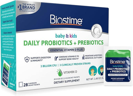 Biostime Infant Baby Toddler Kids Probiotic & Prebiotic with Vitamin D | Baby Probiotic Powder | Kids Immune Support | Constipation Relief for Babies * | Supports Digestion, Gas Relief | 28 Packets