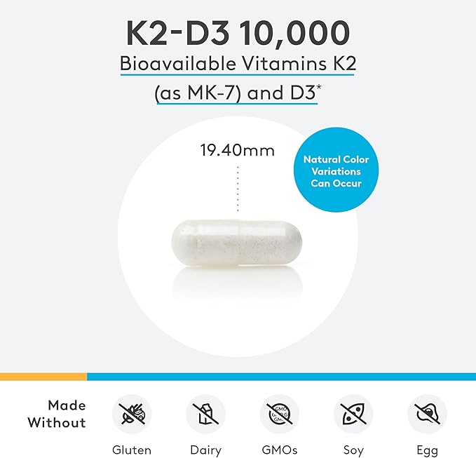 XYMOGEN K2-D3 10000 - Vitamin D3 K2 - Bioavailable Vitamin D 10,000 IU (Cholecalciferol) with MK-7 - Heart, Arterial, Bone Health + Immune Support Supplement (60 Capsules)