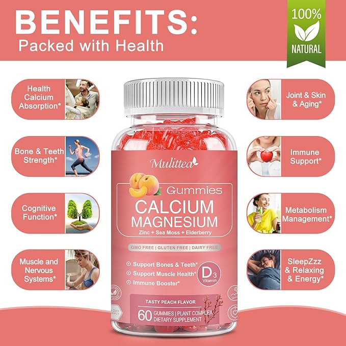Calcium Gummies with D3,Zinc - Plant Complex Calcium Magnesium Supplement with Glycinate,Potassium,Vitamin C &Whole Natural Food for Bone & Immune Support- 60 Chewable Gummy Sugar-Free