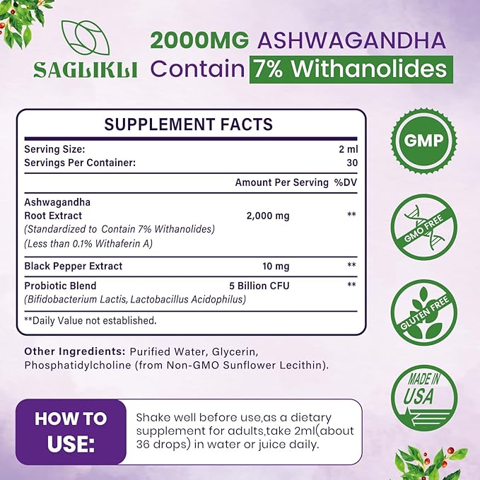 Liposomal Ashwagandha Liquid Drops 2000mg, Ashwagandha Root Extract Supplement (7% Withanolides) with Black Pepper Extract & Probiotics for Focus, Cognition & Energy - 2 FL.OZ (1 Bottle)