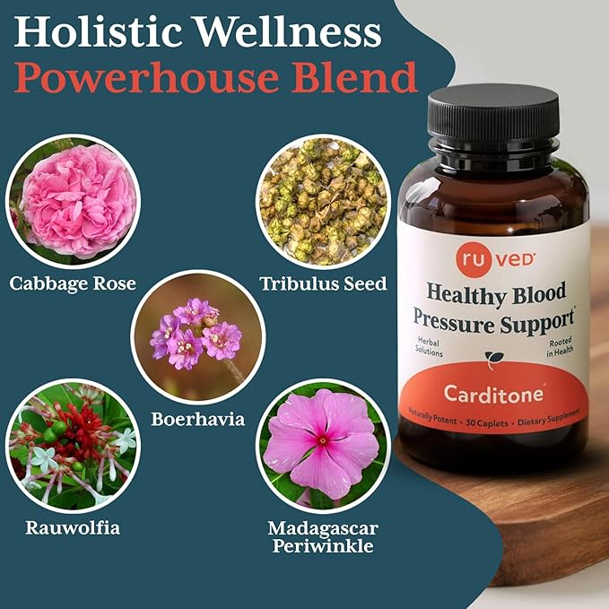 ruved Carditone - Natural Heart Health Supplement for Women & Men, BP Formula, Holistic Heart Support with Rauwolfia, Arjuna, Calcium, and Magnesium - 30 Vegetarian Caplets (Pack of 1)