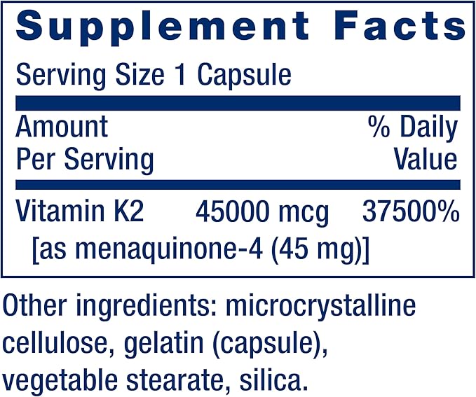 Life Extension Mega Vitamin K2 High Potency for Strong Bones, clinically Studied 45 mg K2 Dosage, Promotes Healthy Bone Density, Gluten-Free, Non-GMO, 30 Capsules